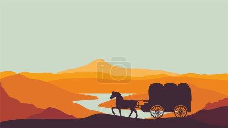 Téléchargez les illustrations : Illustration de fond de la journée pionnière avec chariot d'émigration ouest-américain adapté pour une utilisation lors d'un événement de la journée pionnière aux États-Unis - en licence libre de droit