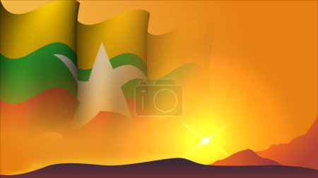 Ilustración de Myanmar ondeando diseño de fondo de concepto de bandera con vista al atardecer en la ilustración de vectores de colina adecuado para el diseño de fondo de póster sobre día festivo, día de fiesta y día de independencia en myanmar - Imagen libre de derechos