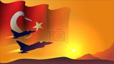 Illustration for Fighter jet plane with turkey waving flag background design with sunset view suitable for national turkey air forces day event vector illustration - Royalty Free Image
