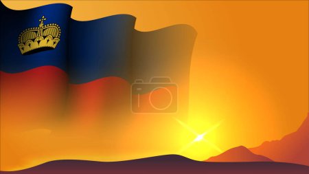 Illustration for Liechtenstein waving flag background design on sunset view vector illustration suitable for poster, social media design event on liechtenstein - Royalty Free Image