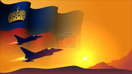 Illustration for Fighter jet plane with liechtenstein waving flag background design with sunset view suitable for national liechtenstein air forces day event vector illustration - Royalty Free Image