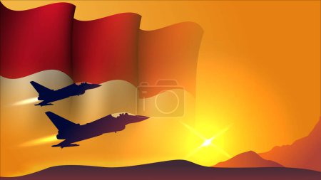 Ilustración de Avión jet de combate con diseño de fondo de bandera ondeante de Mónaco con vista al atardecer adecuado para la ilustración vectorial de eventos de las fuerzas aéreas nacionales de Mónaco - Imagen libre de derechos