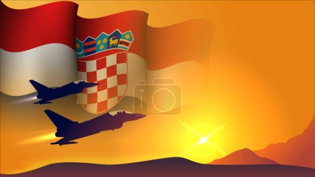 Téléchargez les illustrations : Avion de chasse à réaction avec croatie agitant drapeau conception arrière-plan avec vue coucher de soleil adapté à l'illustration vectorielle d'événement de la journée nationale des forces aériennes croates - en licence libre de droit