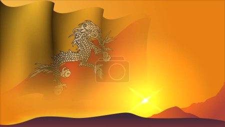 Illustration for Bhutan waving flag background design on sunset view vector illustration suitable for poster, social media design event on bhutan - Royalty Free Image