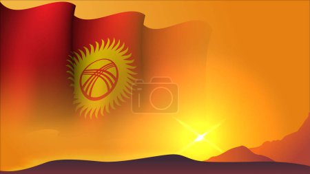 Téléchargez les illustrations : Kyrgyzstan agitant drapeau conception de fond sur l'illustration vectorielle de vue coucher de soleil adapté à l'affiche, événement de conception de médias sociaux sur le kyrgyzstan - en licence libre de droit