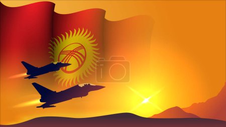 Téléchargez les illustrations : Avion de chasse à réaction avec drapeau du Kirghizistan agitant conception de fond avec vue coucher de soleil adapté à l'illustration vectorielle d'événement de la journée nationale des forces aériennes du Kirghizistan - en licence libre de droit