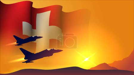 Ilustración de Avión jet de combate con diseño de fondo de bandera ondeante Suiza con vista al atardecer adecuado para la ilustración vectorial de eventos diurnos de las fuerzas aéreas nacionales Suiza - Imagen libre de derechos