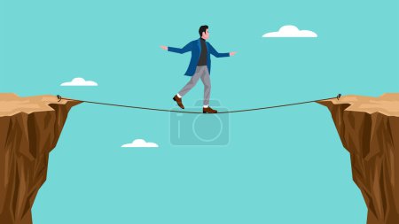Illustration for Two cliff concept illustration with a Businessman crosses gap between cliffs using rope, business risk symbol, determination, motivation concept - Royalty Free Image