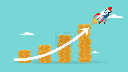 Illustration for Business growth chart with rocket illustration suitable for describe about business growth profit increase, invest, investment, growing improvement sales and revenue, rapid economic growth concept - Royalty Free Image