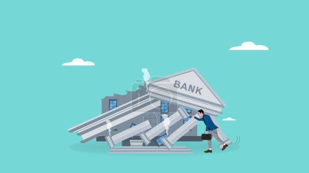 banking collapse concept illustration, financial crisis, ruined bank concept, bankruptcy, frustrated businessman look at collapsing bank building concept modern vector illustration in flat style