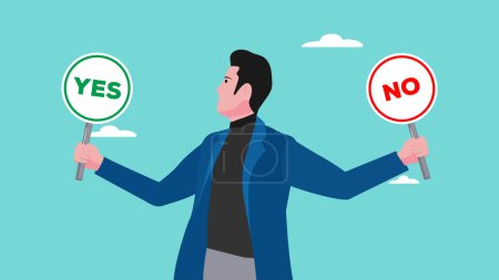 Illustration for Businessman holding a signboard with the word yes or no vector illustration, business situation choosing or making decision concept, business people with question marks vector illustration flat style - Royalty Free Image