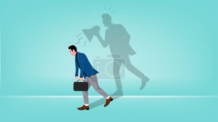 Illustration for Businessman shadow yelling to himself with megaphone concept illustration, negative critic thinking to blame your self, depressed businessman self shadow blame with megaphone illustration flat style - Royalty Free Image