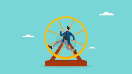 Illustration for Meaningless work concept with businessman running on hamster wheel vector illustration, career stagnation concept, Work In Loop With No Career Path, undeveloped business concept vector illustration - Royalty Free Image