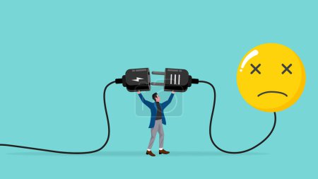 Illustration for Overworked or stressed at work, refresh or recover after tired at work, re charge yourself, restore enthusiasm for work, recharge mood, businessman connect plug with bad mood icon to power socket - Royalty Free Image