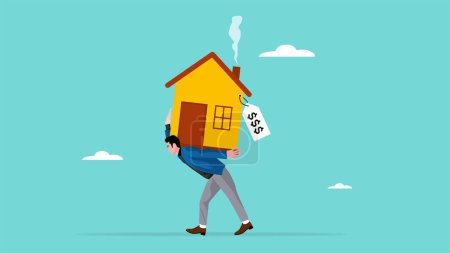house mortgage overpay concept, real estate payment overprice, Property payoff to credit concept, depressed office worker man carrying house with expensive price tag vector illustration