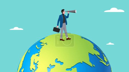business opportunities, strategy or procedure to achieve business objective, businessman use telescope while climb up on big globe concept vector illustration with flat design style