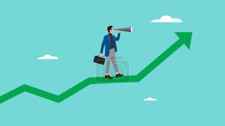 vision to see business opportunities or good investment, creative strategy to achieve business objective, businessman who uses a telescope while climb up a grow graph to see the next business strategy