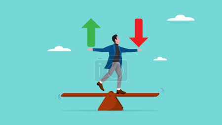 Loss and gain on investment, profits and losses in buying and selling shares or cryptocurrencies, investor people balances loss and gain arrow on seesaw with bots hand concept vector illustration