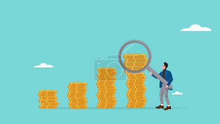 investment financial analysis, investment management or business income growth, investment profit analysis, businessman with magnifying glass analyze growth coin stack concept vector illustration
