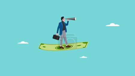 see business opportunity with money power, businessman flies on banknotes while using binoculars to see business opportunities, looking for the next business strategy with money vector illustration