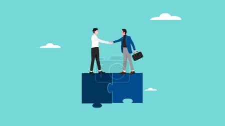 business agreement, cooperation in business to achieve certain targets, growth or progress to achieve goal and target, two business people shaking hands at puzzle concept vector illustration
