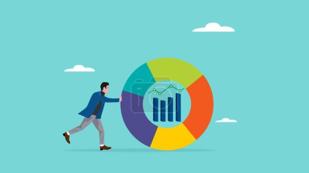 Illustration for Financial data analysis, growth earning with data chart and graph, investment analysis, business people push growth charts and graphs to make business growth vector illustration with flat design style - Royalty Free Image