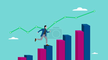 profit performance, business growth followed by a lot of income for career success and financial freedom, journey to career success or business growth, businessman running up on growth graph concept