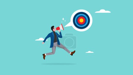 announce business goal illustration, motivation to success challenge, business target or purpose, target audience, businessman use megaphone to announce target business with target board sign