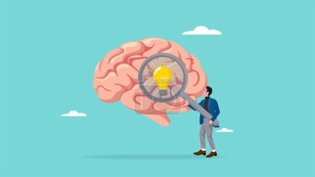 Illustration for Brain searching idea, looking for new business strategies or opportunities, finding solution to a problem concept, businessman looking for light bulb idea from human brain using magnifying glass - Royalty Free Image