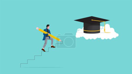 efforts to achieve higher education, cost to graduate high degree education, man uses a pencil to make a ladder leading to the graduation cap so he can achieve high education vector illustration