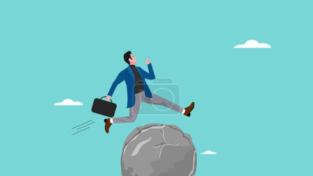 Overcome obstacle to career success or financial freedom, motivation to solve problem and lead company achievement, Confident businessman jumping over big rock obstacles to success vector illustration