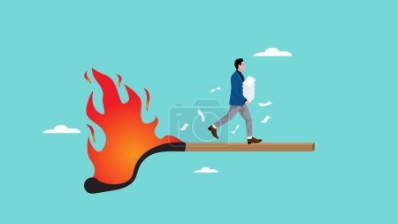 Illustration for Toxic productivity with the problem, panic employee and rush to complete many work tasks, multitasking with deadline, Panicked workers running on burning matchsticks while carrying multiple tasks - Royalty Free Image