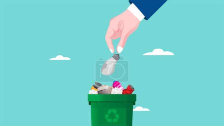 throw away old business ideas, Businessman's hand throws broken light bulb idea into trash can concept vector illustration with flat design style