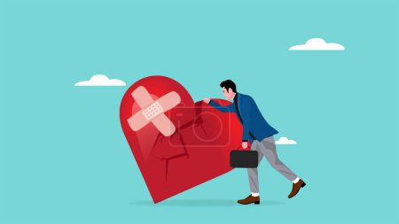 despair or disappointment with sad businessman leaning on a broken heart that is bandaged, failure to achieve targets in life or career success concept vector illustration with flat design style