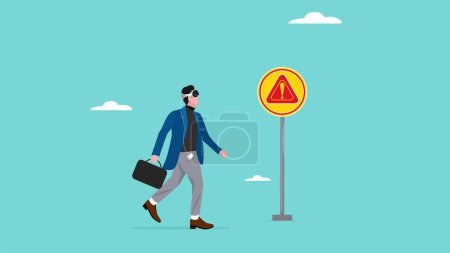 Geschäftsmann, der mit AR & VR-Technologie unterwegs ist, beobachtet keine Gefahrenzeichen auf der Straße, Gefahren oder negative Auswirkungen von Fortschritten in der Augmented-Reality-Technologie und Virtual-Reality-Technologie.