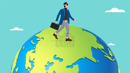 businessman walking using mixed reality headset with augmented and virtual reality technology on big globe, impact of augmented and virtual reality technology on the job world and social ways, AR / VR