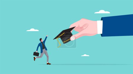 graduation concept illustration, happy man getting graduation cap from big hand concept vector illustration with flat design style