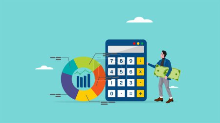 Illustration for Fund allocation graph, cost structure calculation of expenses and income in business, budget analysis office operational costs, businessman carrying banknotes next to calculator and funding pie chart - Royalty Free Image