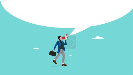 businessman speak out on megaphone with big speech bubble, big announcement or important news, leadership concept vector illustration with flat design style