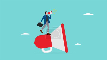 businessman leader with loudspeaker standing on big megaphone giving speech to public, executive management skill to communicate with employee, announcements or promotions concept vector illustration