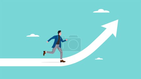 business growth strategy, ambition to success or career development, training to improve employee performance, businessman employees running on career path arrow in rising up direction illustration