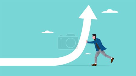 businessman pushing career path arrow in rising up direction illustration, business growth strategy, ambition to success or career development, training to improve employee performance concept