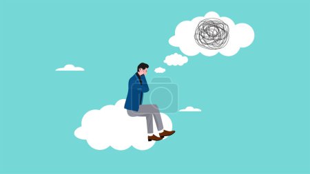 Illustration for Stressful businessman employee with anxiety busy line over his head, busy businessman employee to finish project within deadline, headache concept, mental breakdown or depression concept illustration - Royalty Free Image