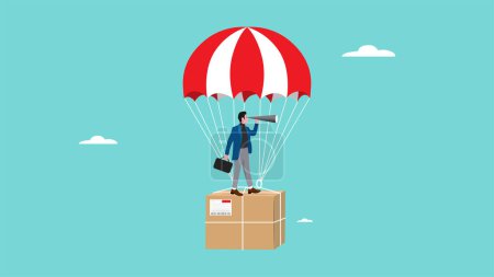Illustration for Dropshipping business opportunity, businessman using binoculars while riding a flying parachute with package concept vector illustration - Royalty Free Image