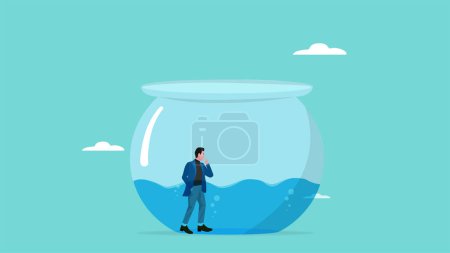 looking for solutions to solve business or financial problems with confused businessman looking for a way to get out of a waterlogged fish aquarium jar concept vector illustration