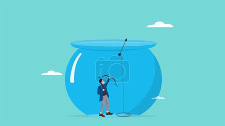 creative idea to solve business problem with businessman who launches an arrow tied to a rope to climb out of a fish aquarium jar prison, problem solving skills, get solution or strategy on business