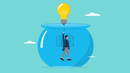 creative ideas to get out of business problems with businessman gets out of fish aquarium prison by flying using a light bulb idea balloon illustration