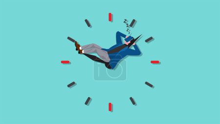 delaying work or wasting time, laziness to do a task or job, lazy businessman sleeping soundly on clockwork with a book covering his face concept vector illustration with flat design style