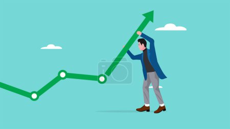éxito empresarial o logro profesional con el empresario llevando una flecha para hacer un gráfico de crecimiento financiero, gestión de inversiones para generar valor bursátil