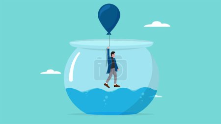 businessman fly using balloon to gets out of fish aquarium prison illustration, creative ideas to get out of business problems, solution or procedure to solve problem